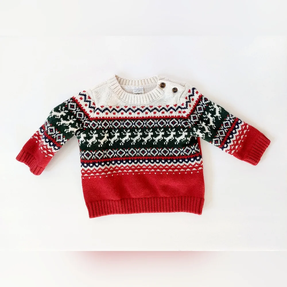 Leaping Reindeer Fairisle Christmas Sweater 3 months Carters 100% cotton Holiday